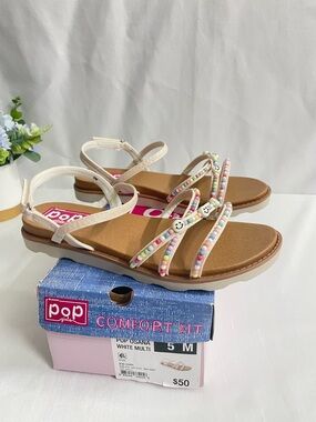 POP GIRLS COMFORT FIT POP OSANA WHITE MULTI SANDALS SIZE 5M (Big Girl )